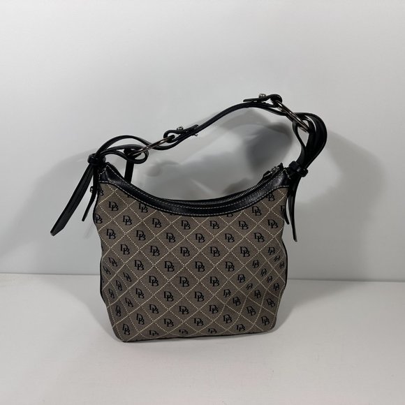 Dooney Bourke Gray Fabric Black Leather Trim Logo Shoulder Bag - Picture 2 of 8